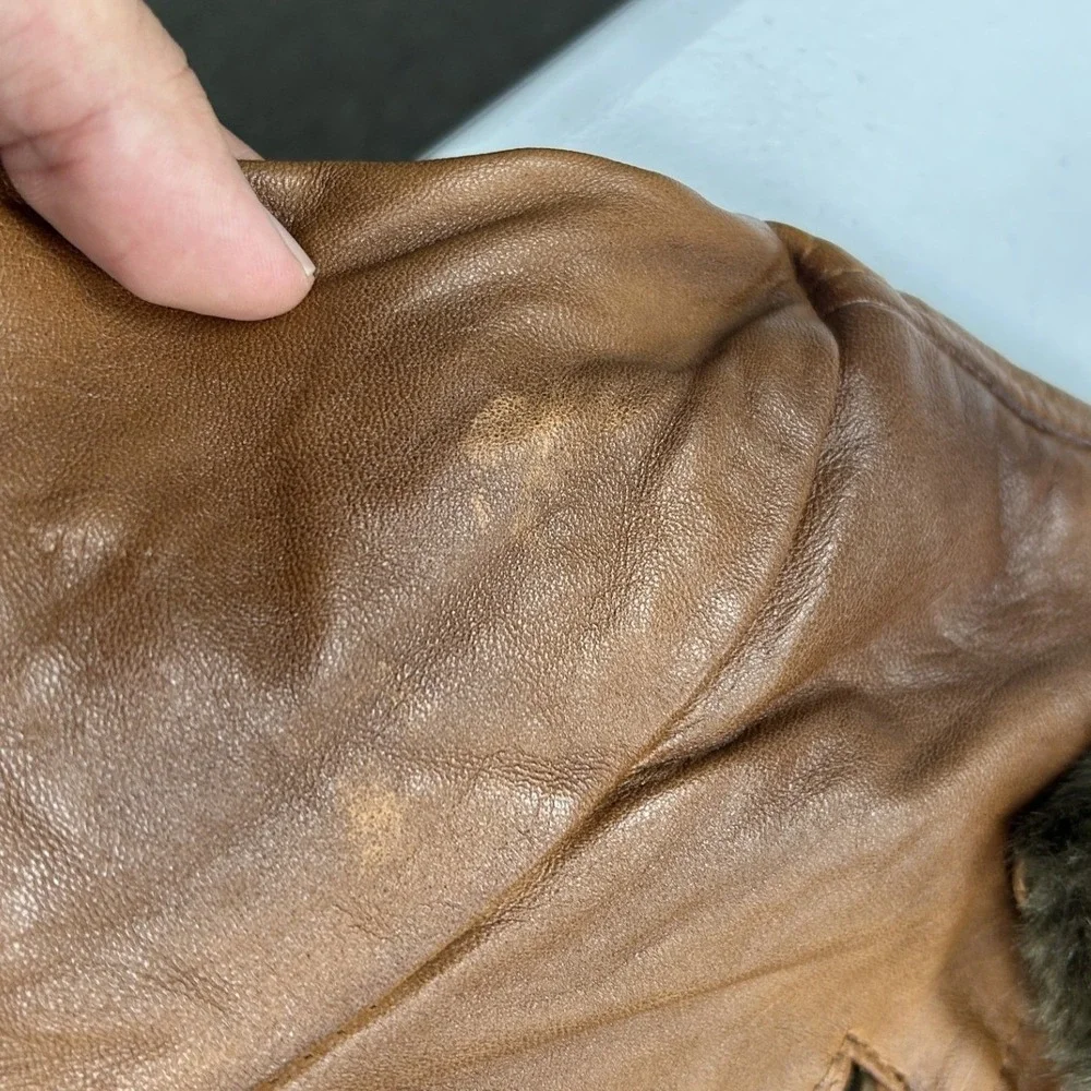 Haawkers Leather Jacket Mens XL Brown Faux Fur Collar Distressed Full Grain G1